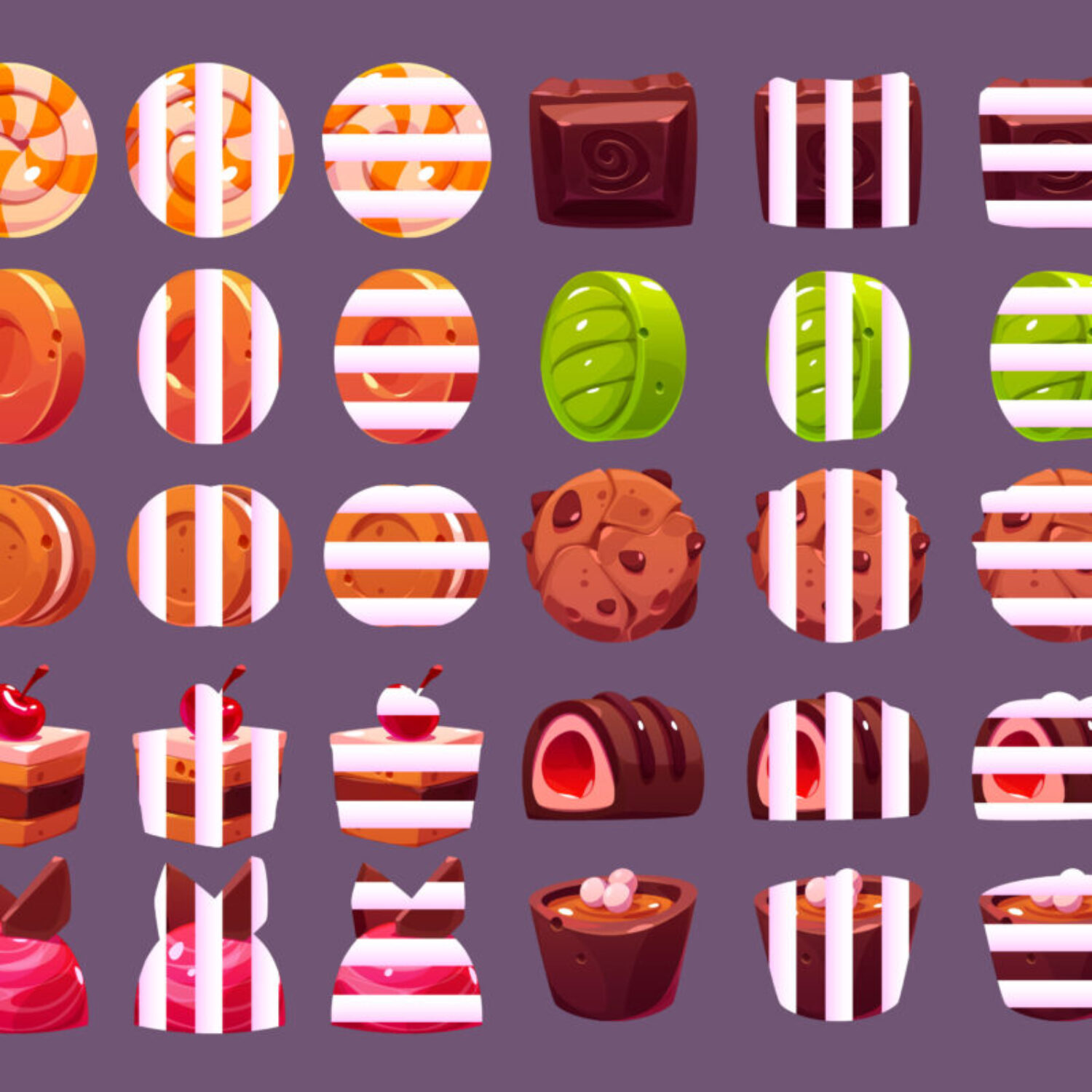 Game icons of chocolate and hard sugar candies, lollipop, fruit drops, cake and bonbon with white stripes. Vector cartoon set of sweet food symbols of caramel and dessert for casino slot machine