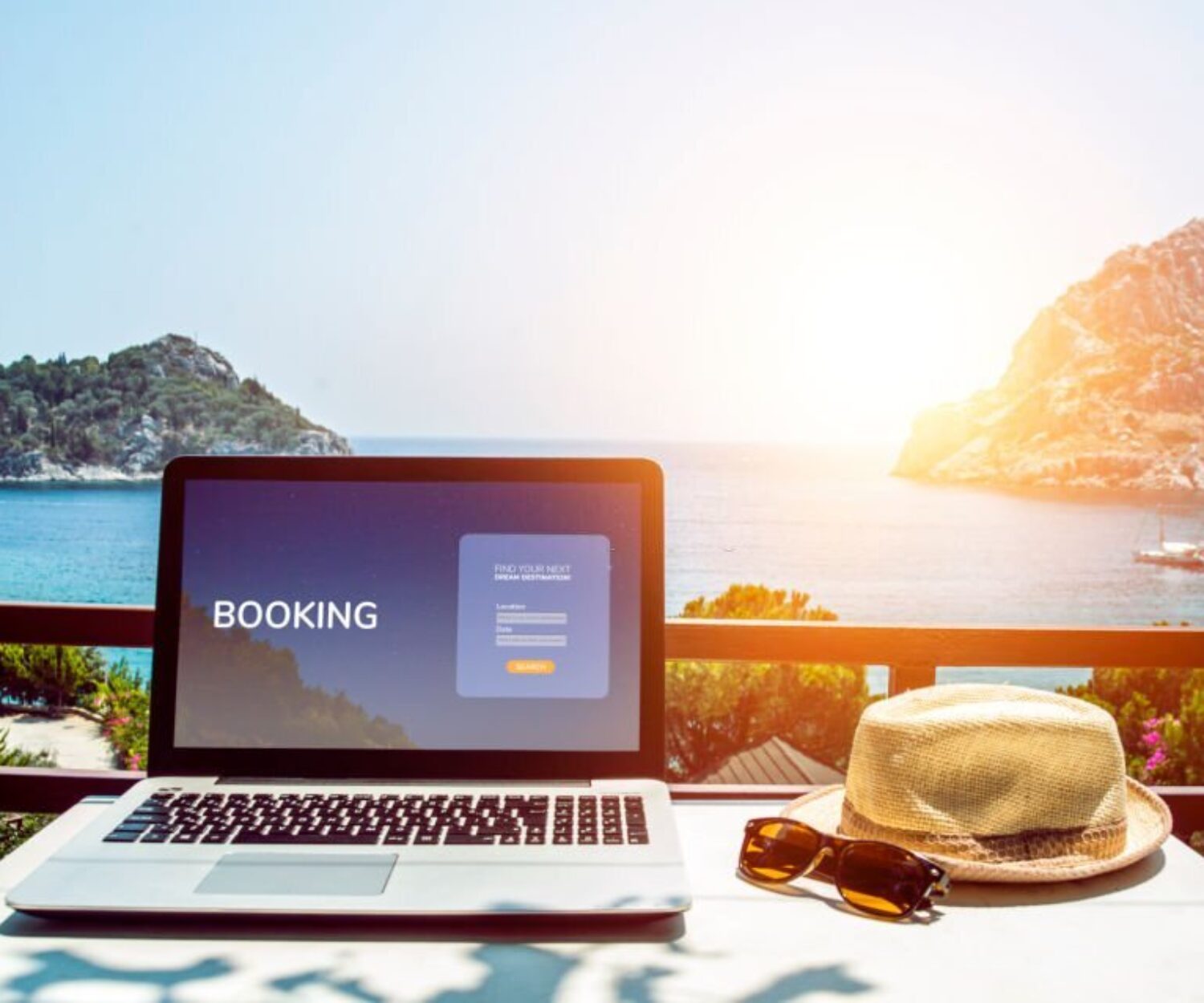 Travel booking web page concept. Booking on the internet. Laptop mock-up with sea view