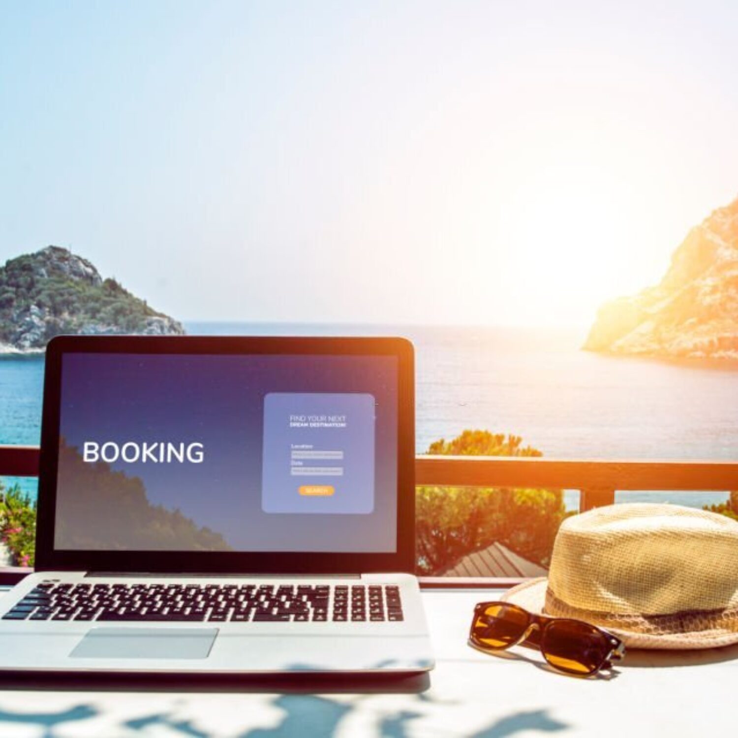 Travel booking web page concept. Booking on the internet. Laptop mock-up with sea view